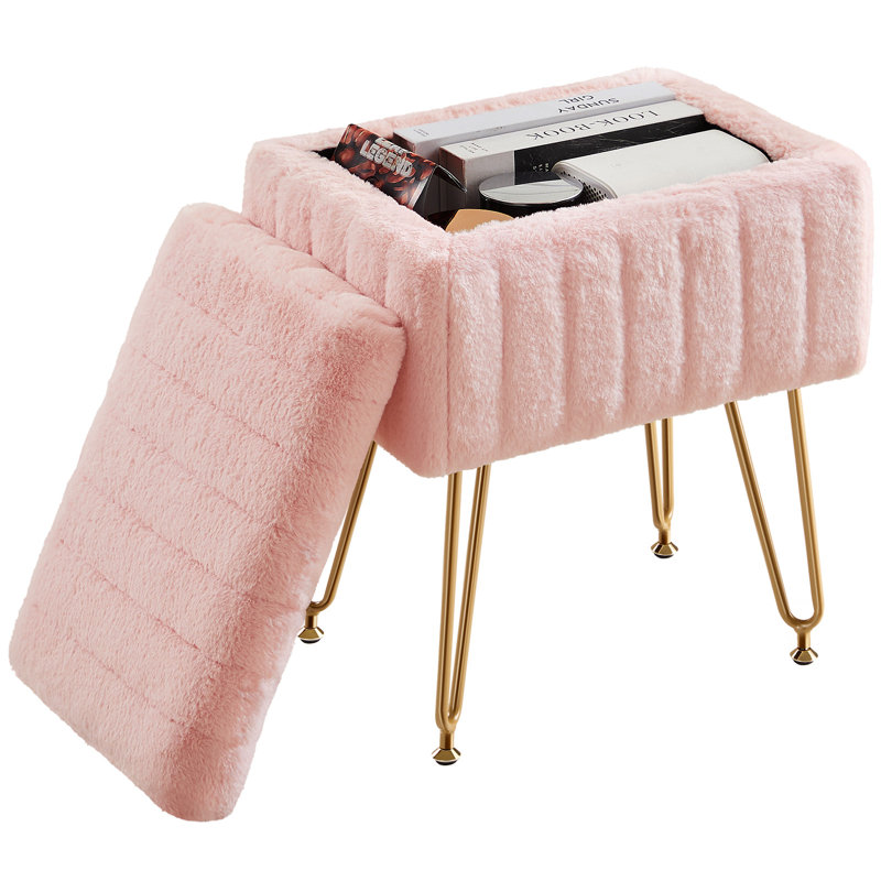 Modern Vanity Stool Chair with 4 Metal Legs and Storage, Multiuse Foot Rest for Makeup Room Bedroom, Pink