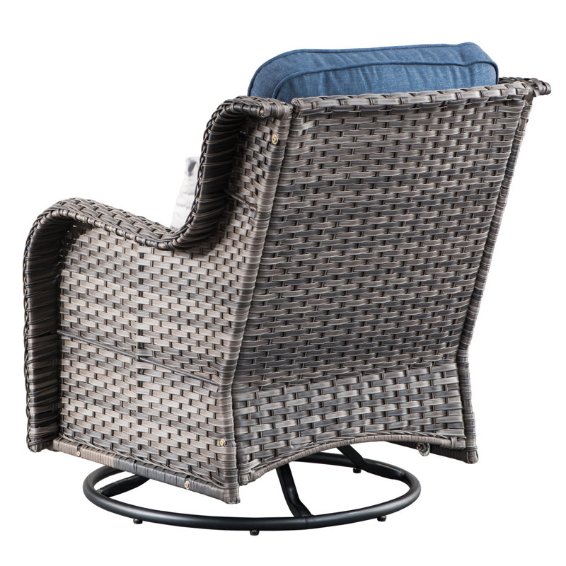 Ensemble de conversation en rotin avec coussins 3 pièces Guillen, Gris, Bleu denim
