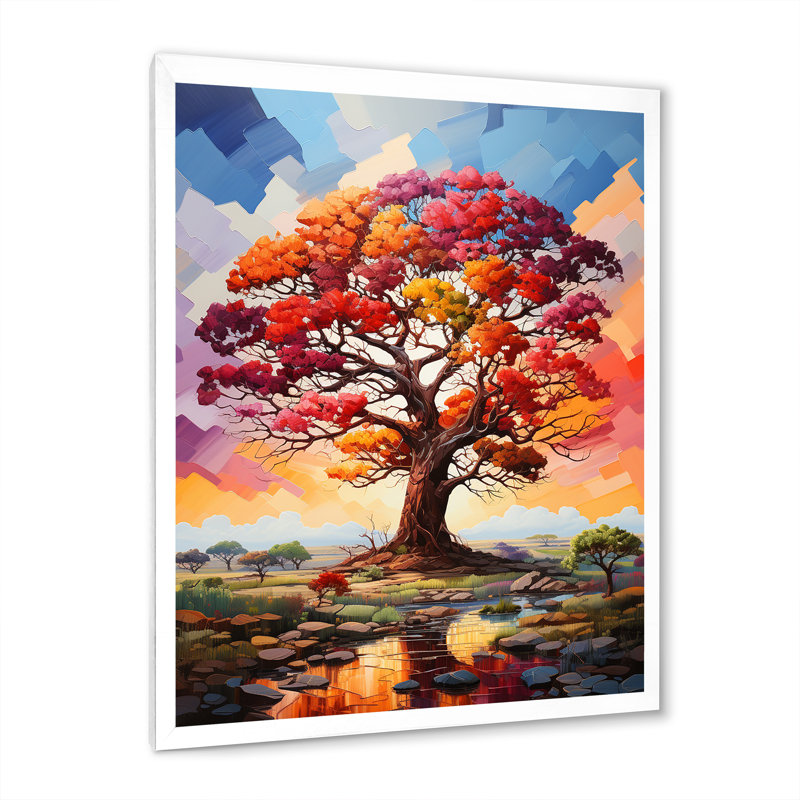 Baobab africain aux couleurs de l'arc-en-ciel IV - Décoration murale arbre baobab, Cadre flottant doré, H 44 po x l 34 po