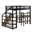 Lit mezzanine double en métal avec escalier, bureau intégré et tablettes