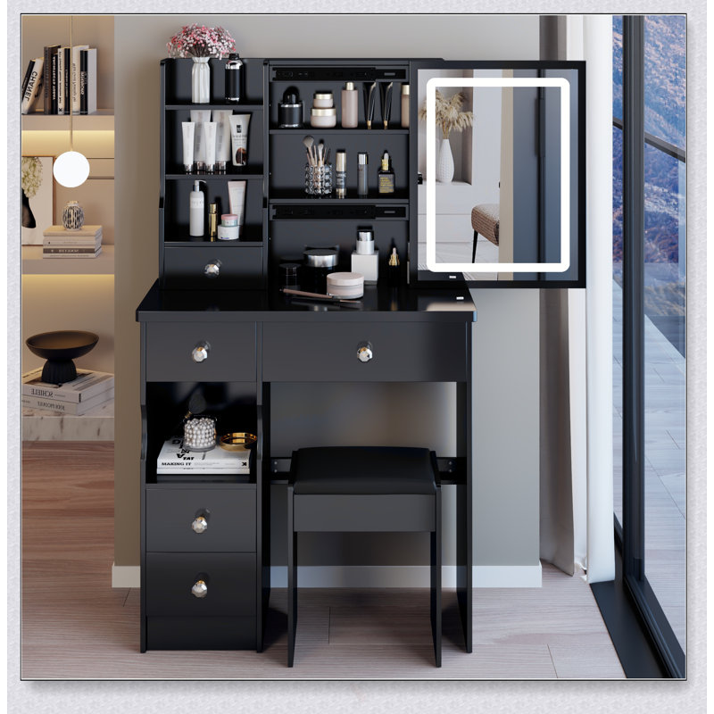 Table de coiffeuse compacte 29,2 pouces avec miroir à DEL tactile, tiroir coulissant et tabouret rembourré pour les petits espaces