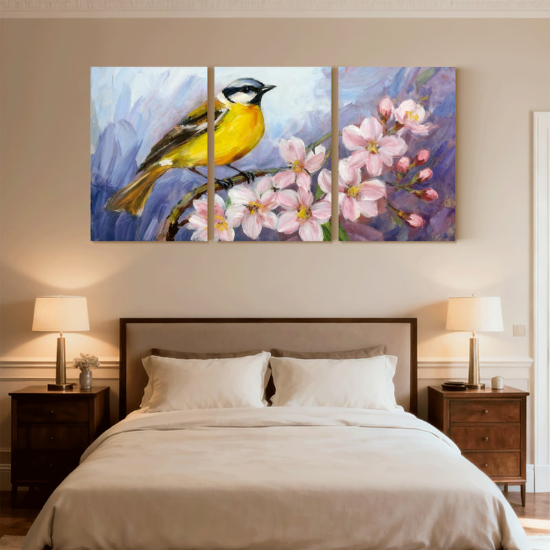 Oiseaux perchés sur une branche de fleur, ensemble de 3 impressions sur toile, H 24 po x l 48 po