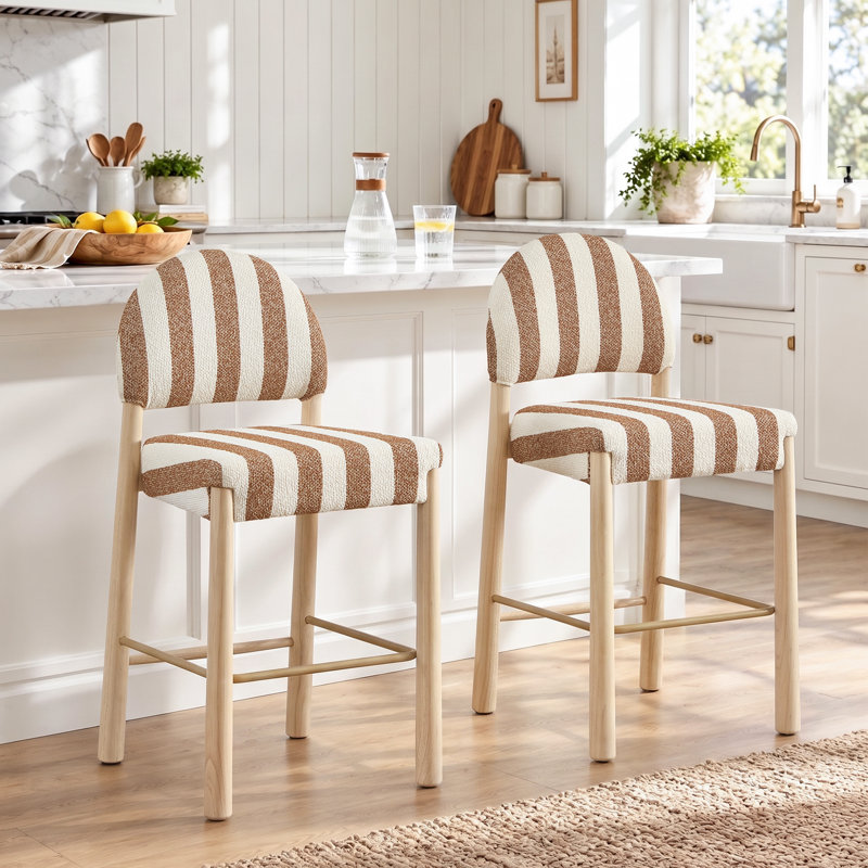 Hyland Modern Farmhouse Upholstered 26.4'' Linen Counter Stool With Solid Wood Frame, Natural, Brown/White