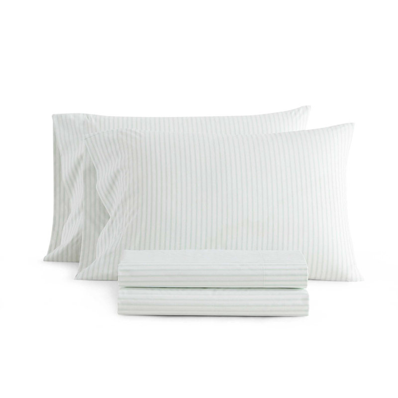 Martha Stewart Cotton Percale  Sheet Set, Ticking Stripe Green, Twin Extra Long Sheet Set with 1 Pillowcase