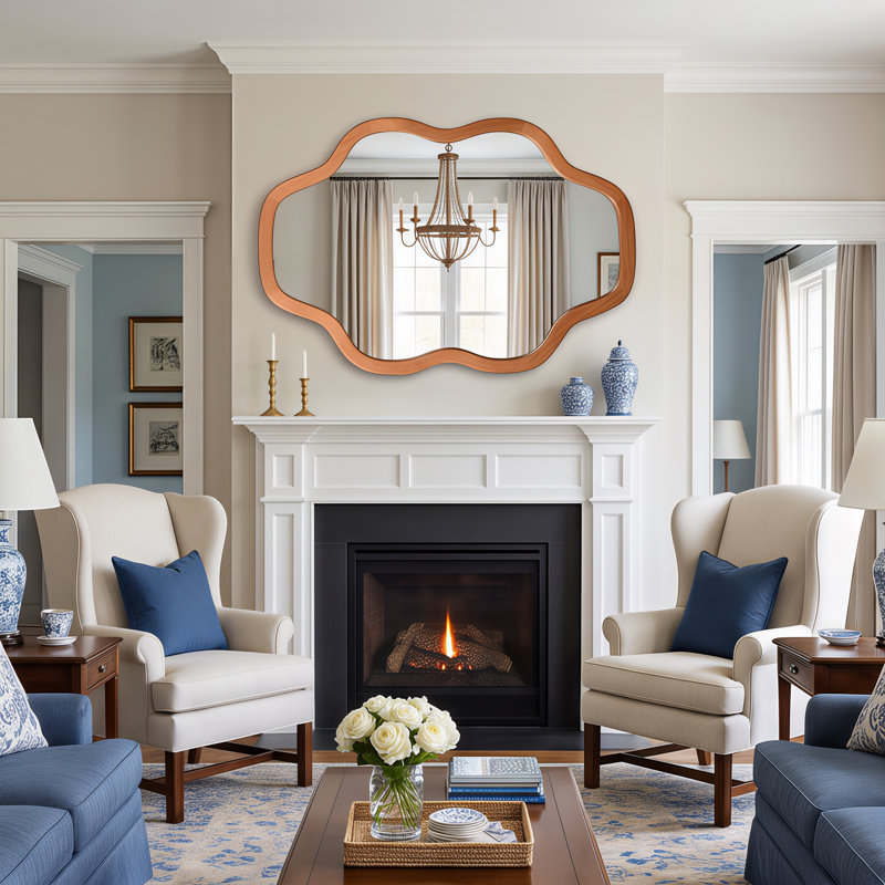 Miroir mural en forme de nuage 61 x 91 cm, couleur miel, cadre en bois massif, style ferme, bords festonnés irréguliers, idéal pour salle de bain, entrée ou salon.
