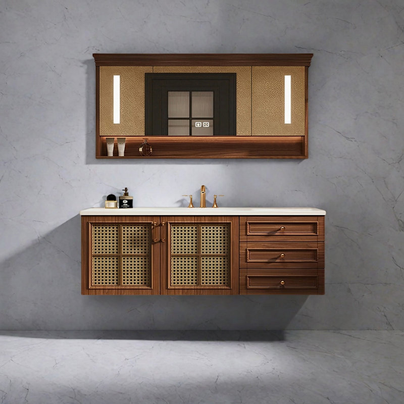 Retro-style rattan bathroom cabinet, 21.65" H x 55.11" W x 21.65" D