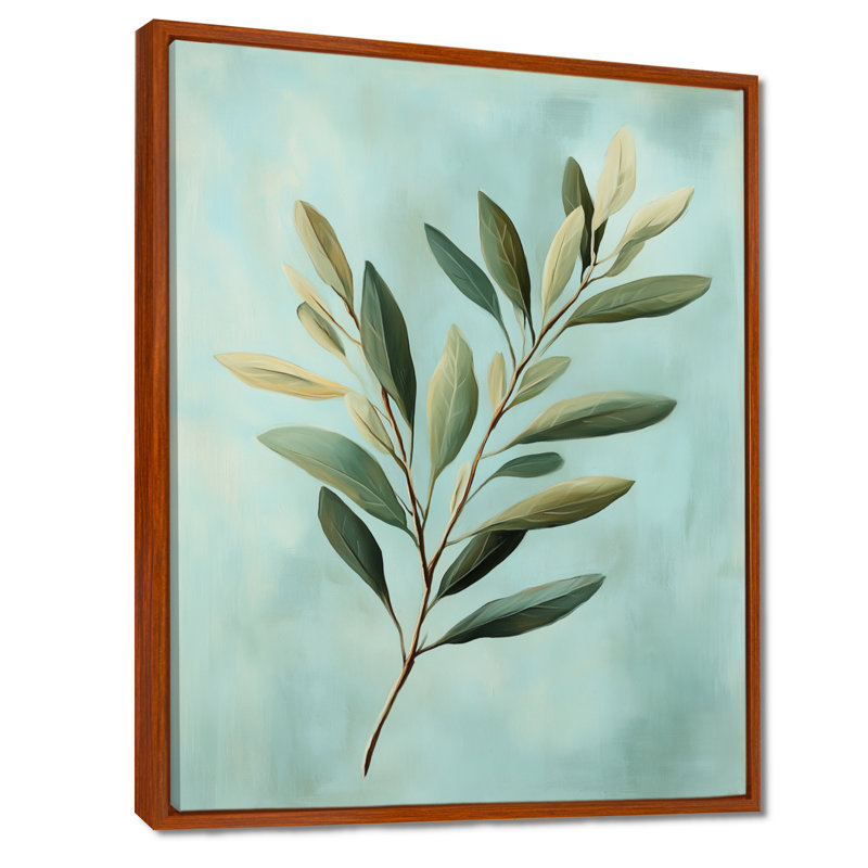 Feuilles ensoleillées sur fond bleu - Impression sur toile botanique, H 32 po x l 16 po, Cadre flottant brun