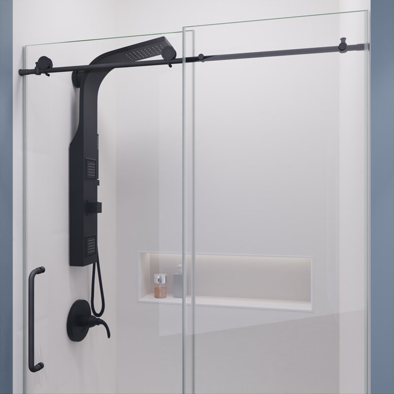 Madam Series 48 In. By 76 In. Frameless Sliding Shower Door In Gunmetal With Clear Tempered Glass And Tsunami Guard, Black