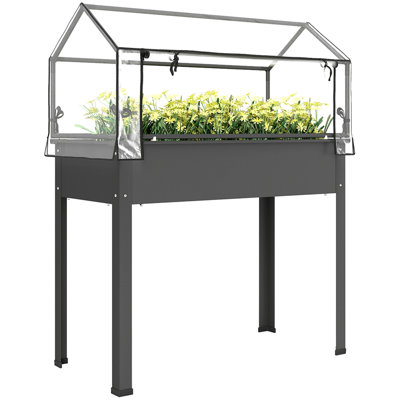 39.4" W x 18.9" D x 48.8" H Elevated Raised Garden Bed with Greenhouse Cover, Planter Box with Legs and Drainage Hole for Vegetables, Flowers and Herbs, Dark Gray