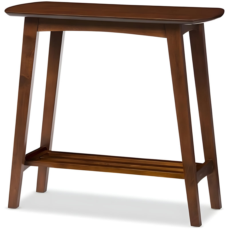 Mid-Century Modern Scandinavian Style Console Table With Slatted Shelf, Solid Rubber Wood And MDF Veneer, Dark Walnut Finish