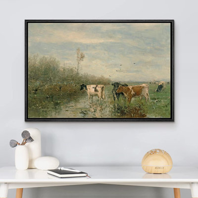 Cow in the River Landscape Farmhouse Country Pictures Decor Wall Art Framed Canvas Painting Print