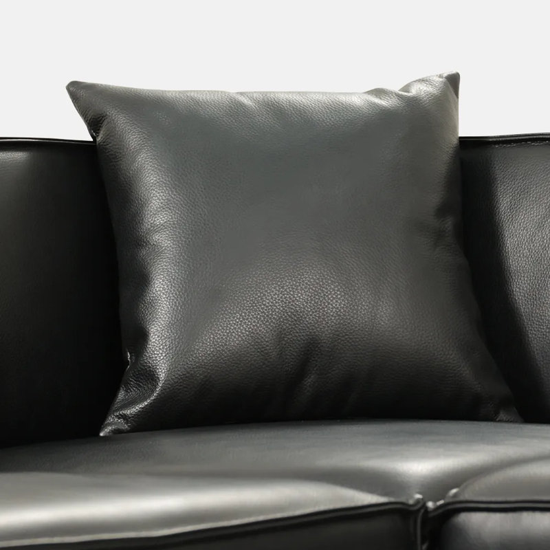 83.86" Minimalist Modular Genuine Leather Sofa Track Arm Sofa, Black