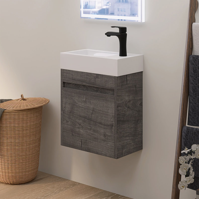 Meuble-lavabo mural 18 po avec lavabo en résine blanche, Chêne gris carreauté