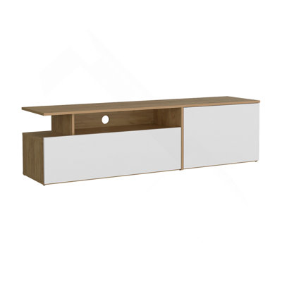 Floating 63" Wide Tv Stand with Two Cabinets, Six Shelves, Cable Management , Entertainment Center for Living Room , Wall Shelf Cabinet Natural Oak - White