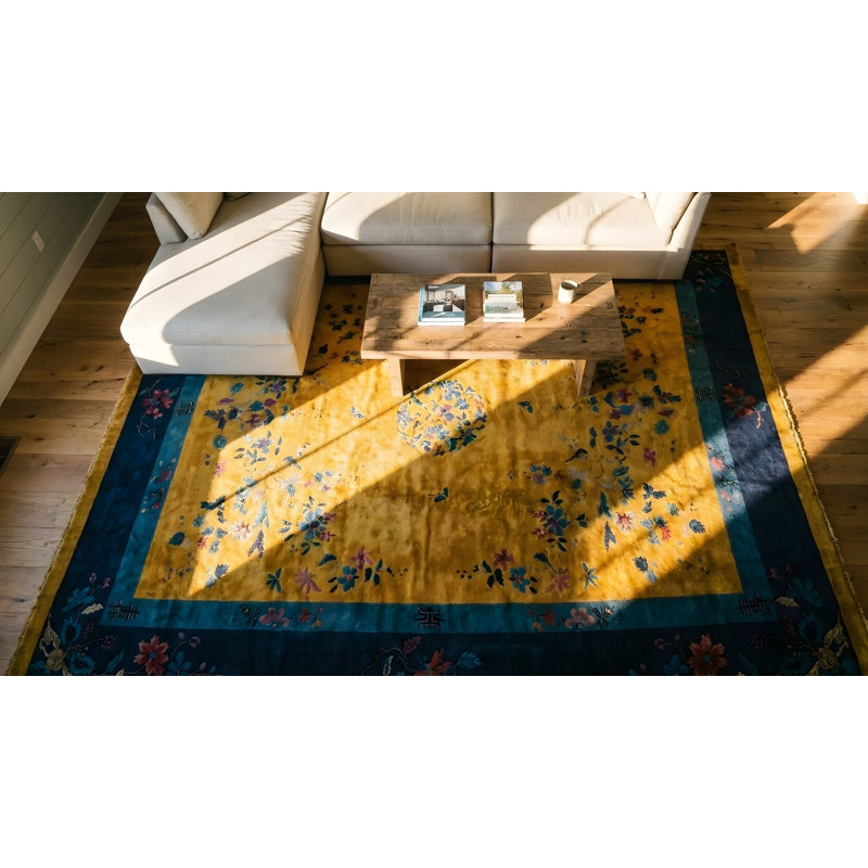 Antique Art Deco Chinese Floral Medallion Yellow Gold Color Area Rug