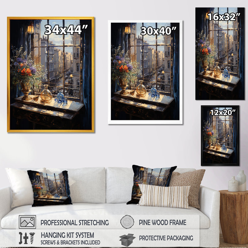 Art mural Nyc Floral Windows II - New York, H 32 po x l 16 po x P 1 po, Encadrement doré