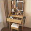Coiffeuse avec miroir lumineux à DEL, prise de courant, support pour sèche-cheveux et tabouret - Petite commode pour petite chambre à coucher (bois)