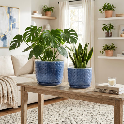 Textured Ceramic Indoor Or Outdoor Planter With Saucer For Patio Or Living Room Styling - Modern Planter Flower Pot Accent For Home Decor - Set Of 2