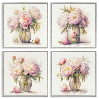 Pretty Pink Peonies 4 PC Giclee Art Set by LSR Design Studio