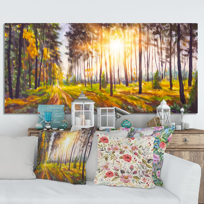 Panorama de coucher de soleil en forêt - œuvre d'art traditionnelle sur toile, L 12 po x H 8 po, Toile tendue