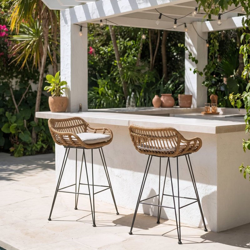 Endicott Wicker Outdoor 30'' Bar Stool with Cushion, Light Brown Frame / Beige Cushion, 2