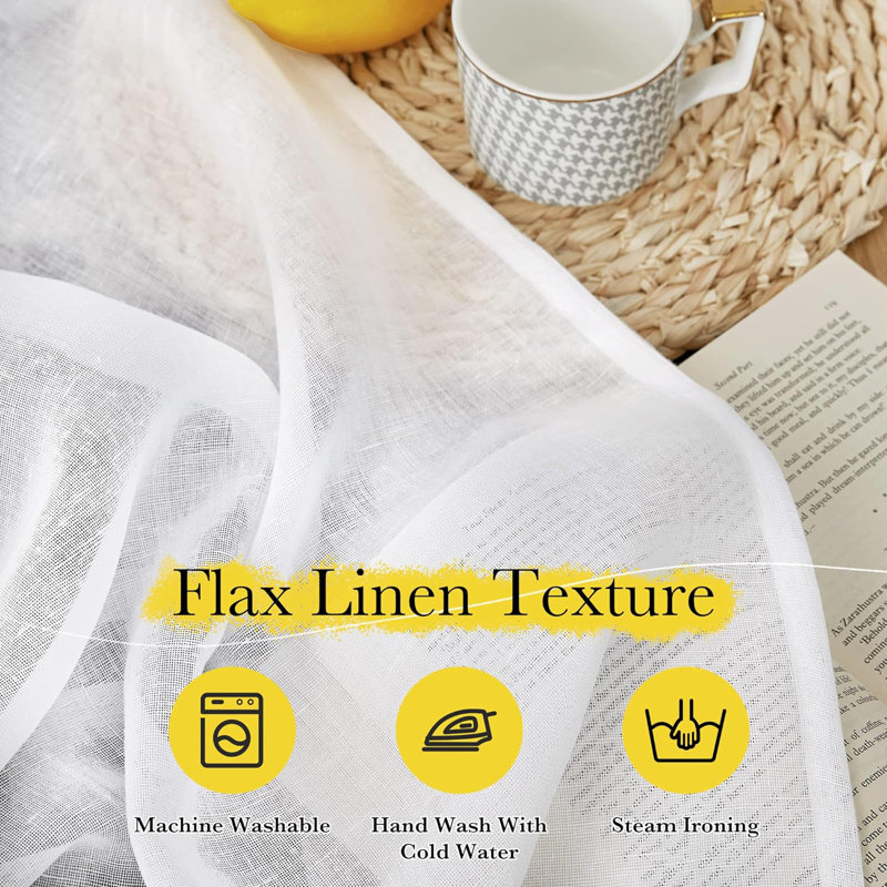 Sheer Linen Curtains for Living Room, Rod Pocket & Back Tab Semi Sheer Drapes Privacy Semitransparent Faux Flax Open Linen Panels for Study Room