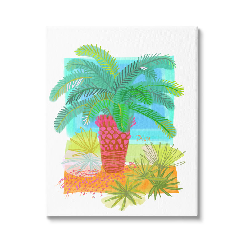 «Tropical Palm Plant Leaves Whimsical Summer Botanicals», peinture sur toile à cadre flottant, H 20 po x l 16 po x P 1,5 po