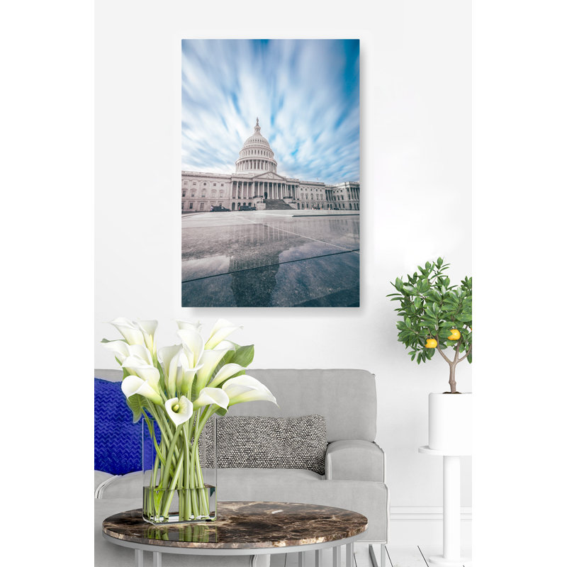 Capitole des États-Unis, arrière, réflexion, ciel en mouvement, bleu, granit, H 26 po x l 50 po x P 1,5 po