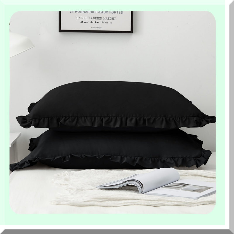 RuffleEdge Pillow Cover Set - 2 Pack Brushed Microfiber Shams for Standard Size Pillows, Envelope Closure, 20x26 inches, Black Bedding Essentials