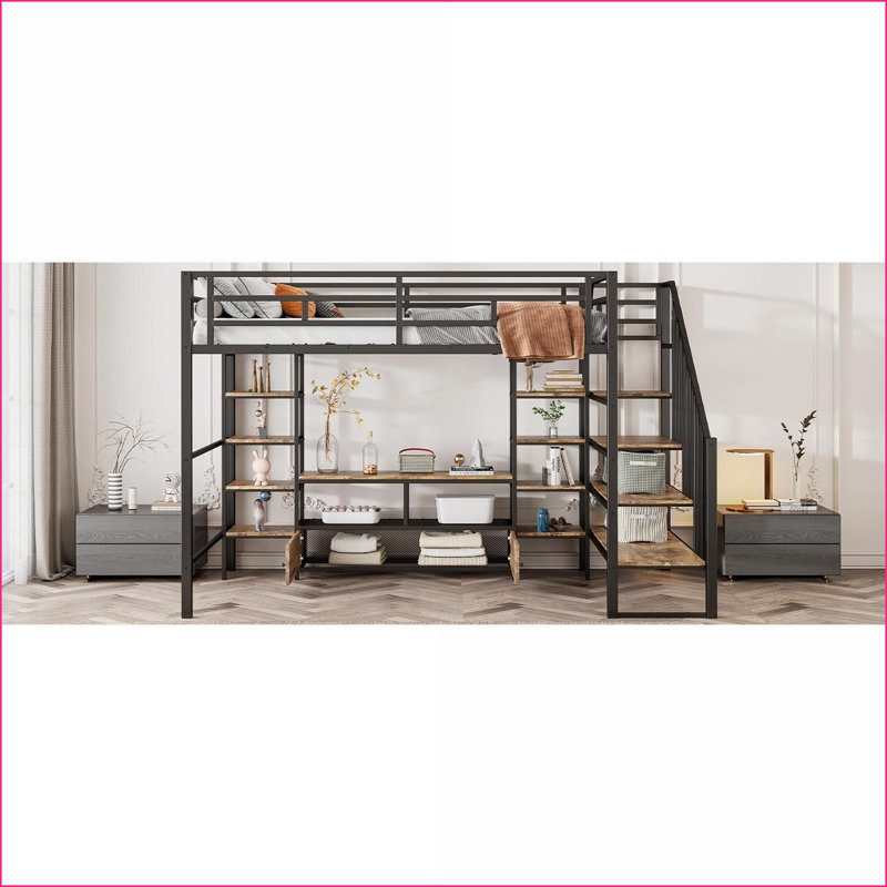 Lit mezzanine double en métal avec escalier, table de rangement basse et amp; Tablettes - noir, aucun sommier nécessaire