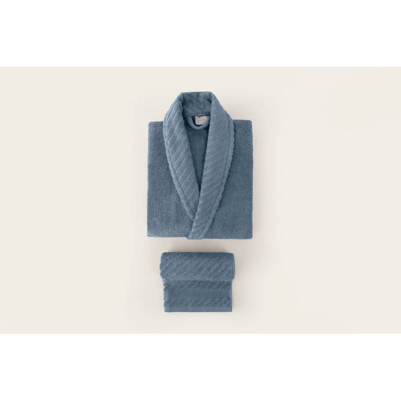 Cotton Mid-Calf Bathrobe, Blue/White