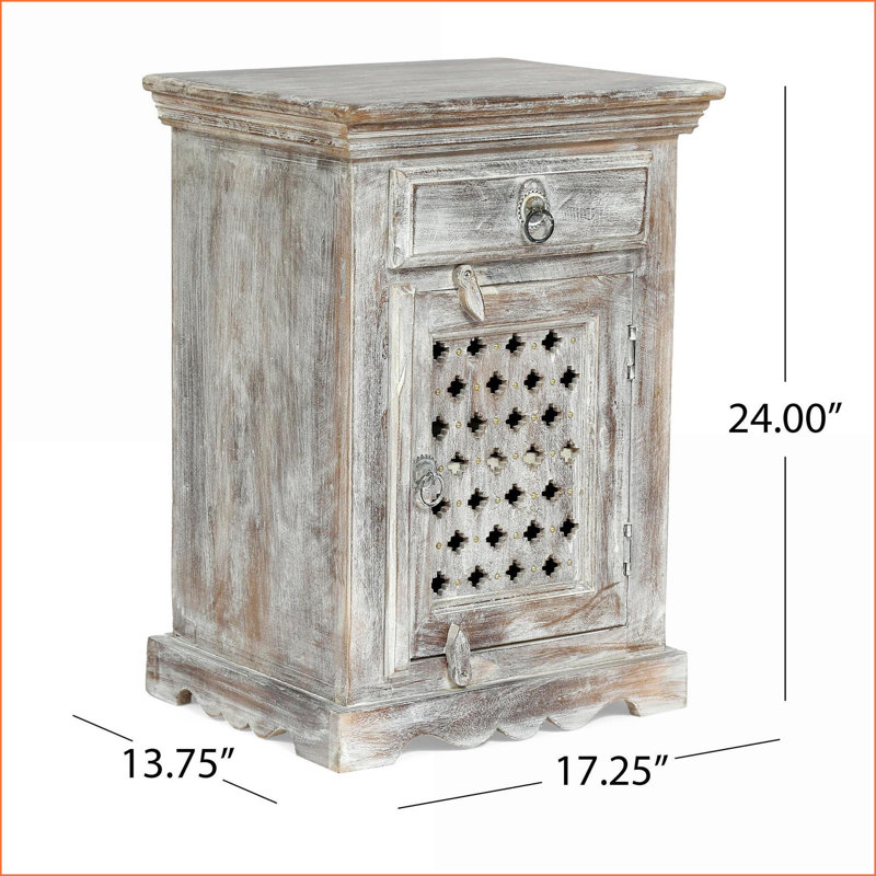 Boho Mango Wood Nightstand with 1 Drawer &amp; 1 Cabinet Storage