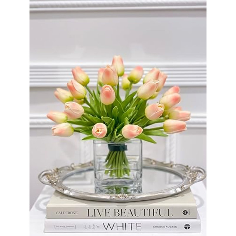 Peach Tulips Floral Arrangement, Real Touch Tulip Centerpiece,modern Artificial Arrangement Flowers In Glass Vase,french Decor Tulips Flower