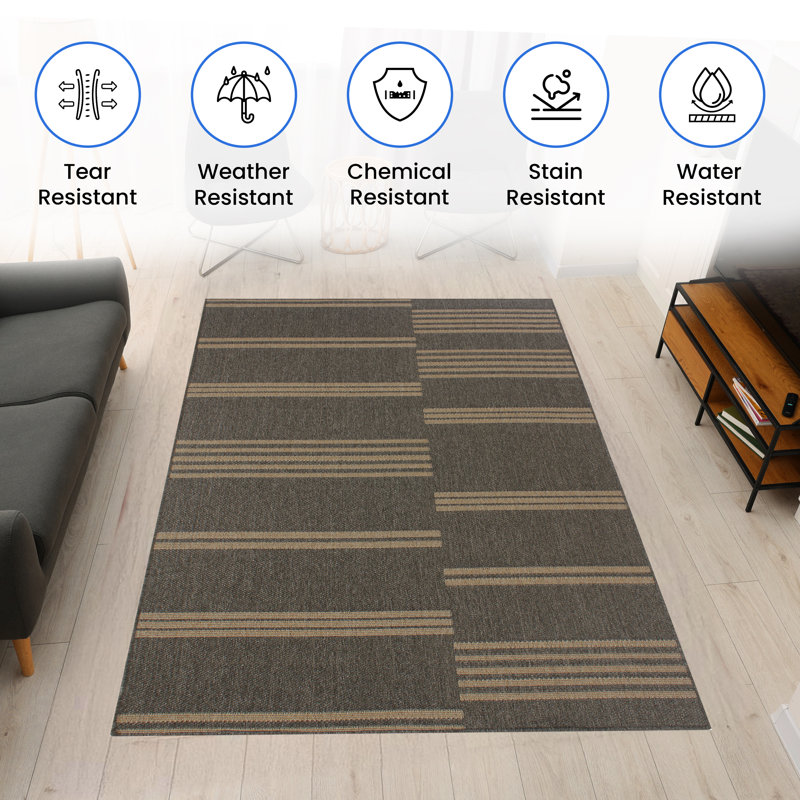 Linear Stripes Weave Indoor Outdoor Rug, Lightweight & Portable 5x7 ft Patio Area Rug