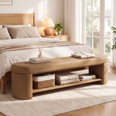 62.99" Faux Leather Upholstered End of Bed Bench with Open Storage Shelf, Long Bedroom Bench