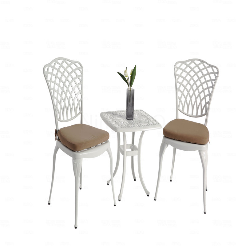 3 Piece Patio Furniture Set White Bistro Set Rustproof Cast Aluminum S 2 Chairs And 1 Round Table Outdoor, Garden Patio Balcony With Cushion