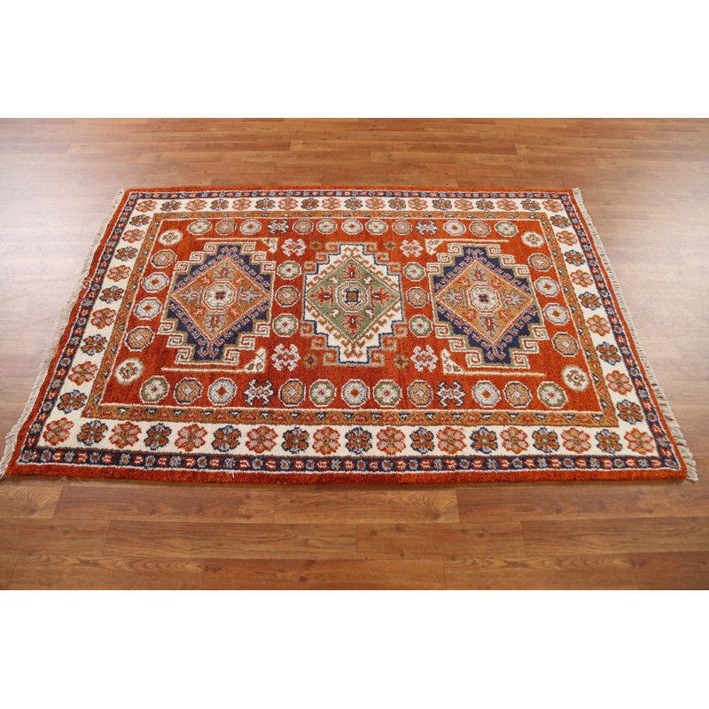 Tapis orange orange à motif géométrique Kazak noué à la main 4 x 6