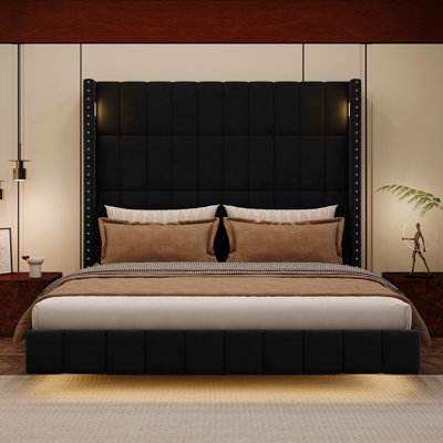 Extra High Floating Velvet Bed Frame with 70" Tall Headboard, Grid Channel Tufted Wingback Bed for Bedroom