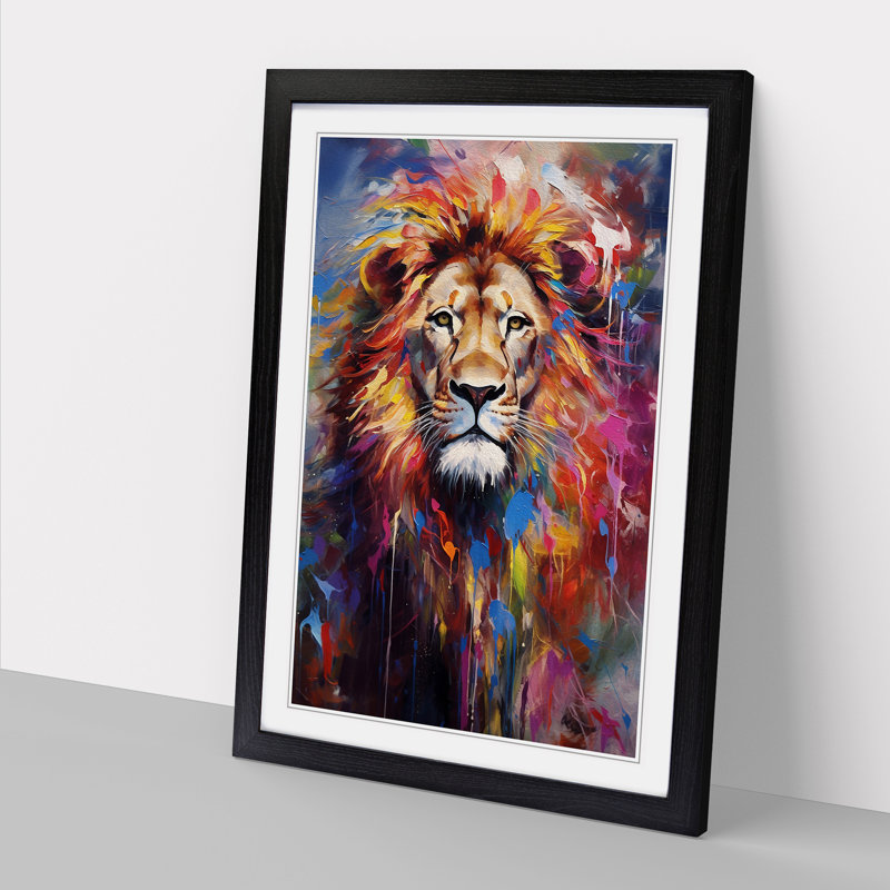 Lion Impressionism No.2 - Single Picture Frame Print on Wood, Black Framed, 34cm H x 25cm W x 2cm D