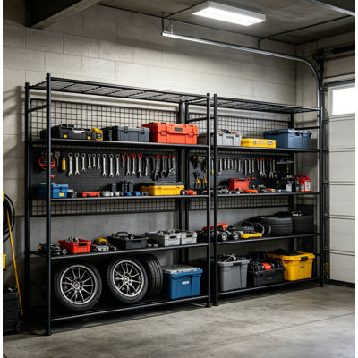 5-Tier Metal Storage Shelving Unit with Wall Anchor Kit, Heavy-Duty Garage Shelf Organizer, 47.3'' W x 12.6'' D x 60.8'' H, Black
