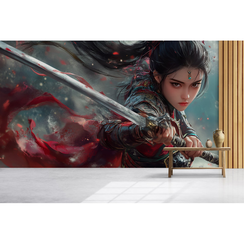 Papier peint Dark Samurai Warrior Girl - intense murale d'inspiration animée avec une expression féroce, scène de guerre asiatique dynamique, parfaite pour la chambre à coucher ou la salle de jeux