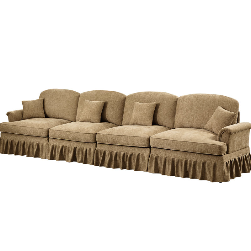 Comfy 4 places avec accoudoirs évasés en forme de pétale, dossier segmenté et tissu de café en chenille, coussin décoratif