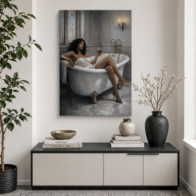 Elegant Wine Bath Relaxation Scene Artwork, Bathroom Pictures, Framed Canvas Giclee Print Wall Art