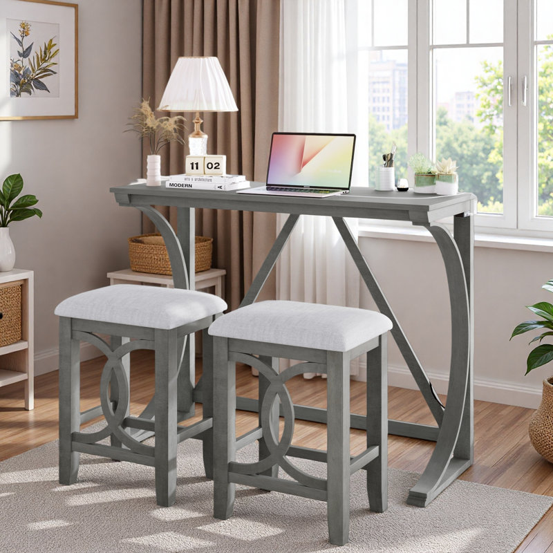 Ensemble de table de salle à manger à hauteur de comptoir 3 pièces Farmhouse avec port USB et tabourets rembourrés, Gris