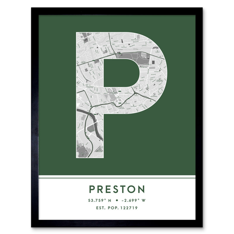 Preston England United Kingdom City Map Green - Single Picture Frame Typography