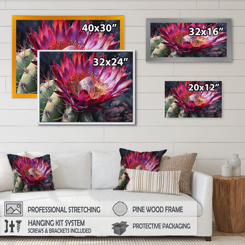 Rynesha, fleur de cactus rose vert sur toile, Cadre photo noir, H 12 po x l 20 po x P 1 po