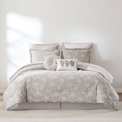 Zara Floral Block Cotton Comforter Neutral 8Pc Set