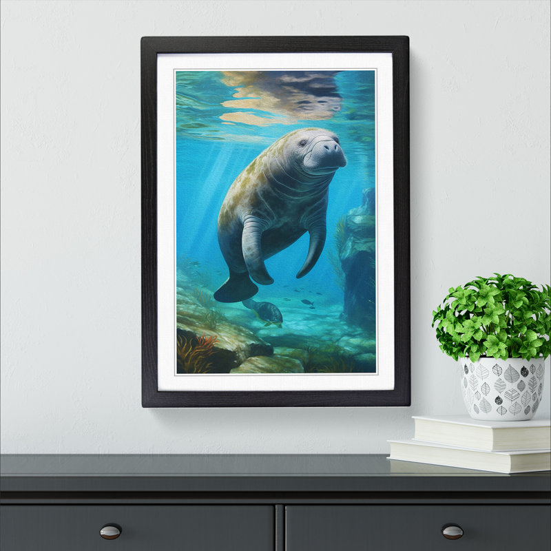 Manatee Hard Edge Painting - Single Picture Frame Print on Wood, 46cm H x 34cm W x 2cm D, Black Framed