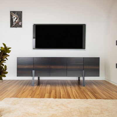 Handmade Modern TV Stand with Metal Legs, Dark Brown, 72.8 x 25.6 x 19.7 inches | 100% Pine with Flat Varnish | Industrial Style, Numerous Shelves, Wall-Mountable | Perfect for Living Room & Entertainment Spaces