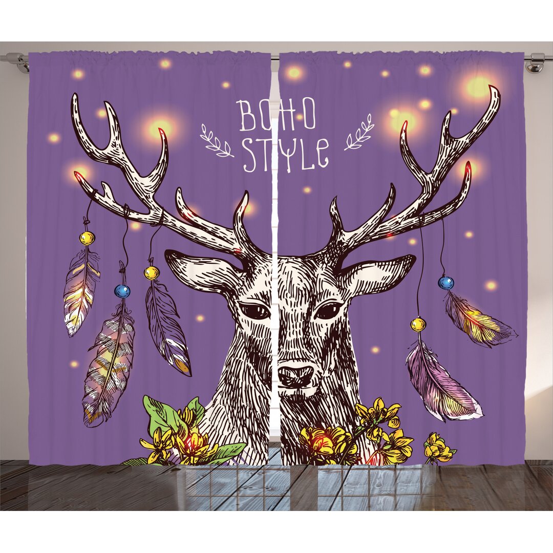 Rustikaler Vorhang, Wilde Rein Deer Hand gezeichnet, Boho, Lila